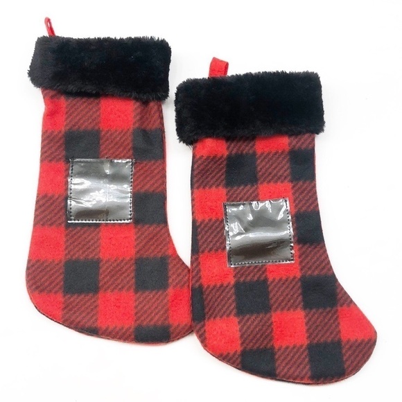 Set of 2 red and black plaid fleece Christmas stockings with photo pocket - Picture 1 of 4